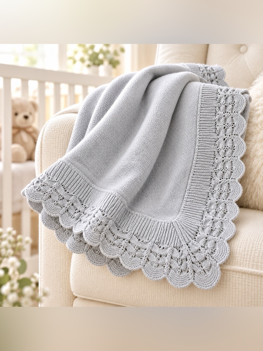 A Soft Idea Cotton Jersey Baby Blanket Scallop Lace Blue Gray 32x32